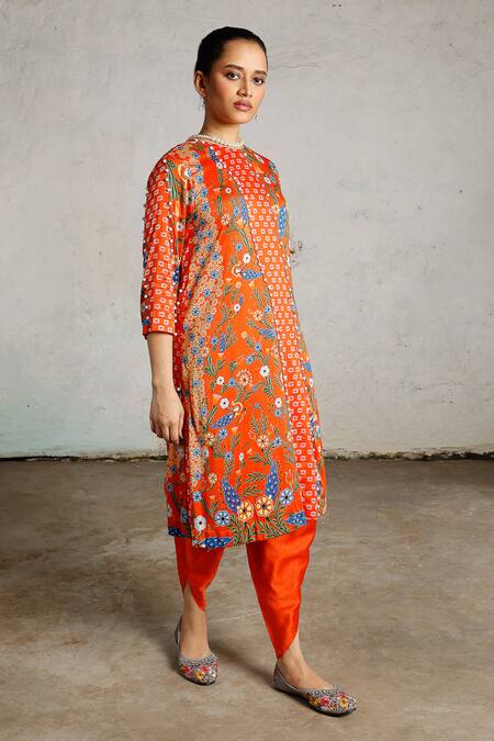 Buy_Saksham & Neharicka_Orange Cotton, Silk Pearls, Embroidery Round Jamini Printed And Kurta Pant Set _Online_at_Aza_Fashions