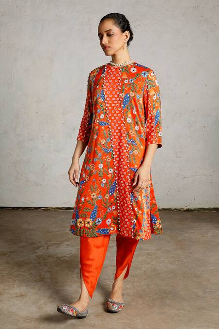 Shop_Saksham & Neharicka_Orange Cotton, Silk Pearls, Embroidery Round Jamini Printed And Kurta Pant Set _Online_at_Aza_Fashions