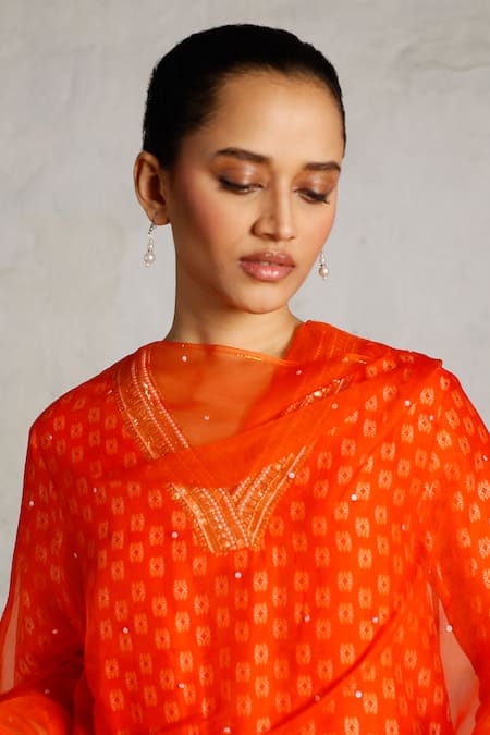 Saksham & Neharicka_Orange Cotton, , Organza Beads, Shankha Printed And Embroidered Kurta Set _Online_at_Aza_Fashions