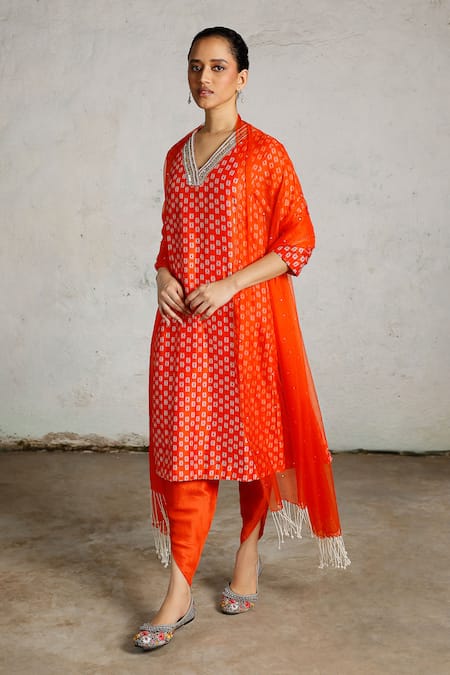 Buy_Saksham & Neharicka_Orange Cotton, , Organza Beads, Shankha Printed And Embroidered Kurta Set _Online_at_Aza_Fashions