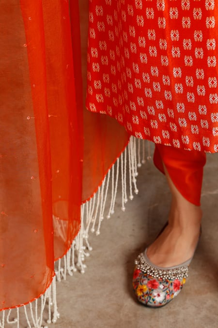 Shop_Saksham & Neharicka_Orange Cotton, , Organza Beads, Shankha Printed And Embroidered Kurta Set _Online_at_Aza_Fashions