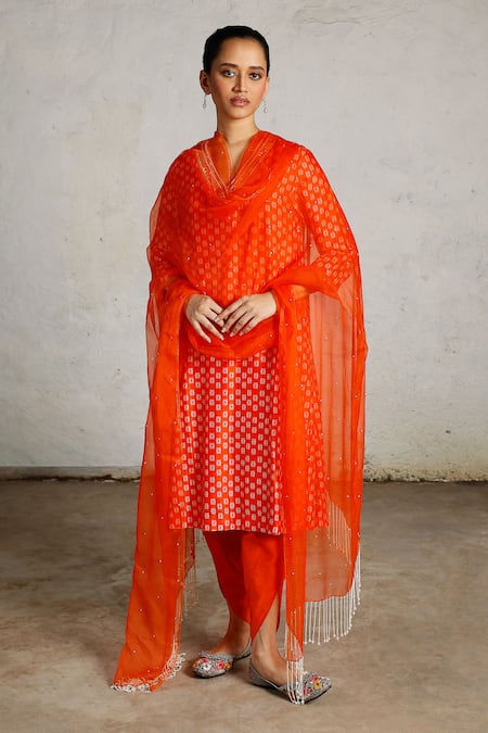 Saksham & Neharicka_Orange Cotton, , Organza Beads, Shankha Printed And Embroidered Kurta Set _at_Aza_Fashions