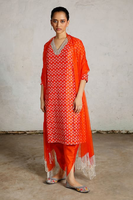 Buy_Saksham & Neharicka_Orange Cotton, , Organza Beads, Shankha Printed And Embroidered Kurta Set 