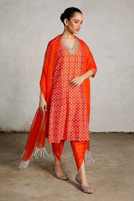 Shop_Saksham & Neharicka_Orange Cotton, , Organza Beads, Shankha Printed And Embroidered Kurta Set 