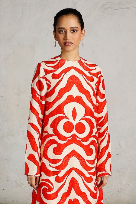 Buy_Saksham & Neharicka_Off White Viscose, Dupion Embroidery Round Neck Pola Printed Kurta Pant Set _Online_at_Aza_Fashions