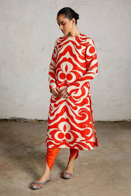 Shop_Saksham & Neharicka_Off White Viscose, Dupion Embroidery Round Neck Pola Printed Kurta Pant Set _Online_at_Aza_Fashions