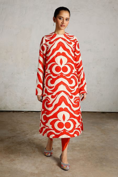 Buy_Saksham & Neharicka_Off White Viscose, Dupion Embroidery Round Neck Pola Printed Kurta Pant Set 