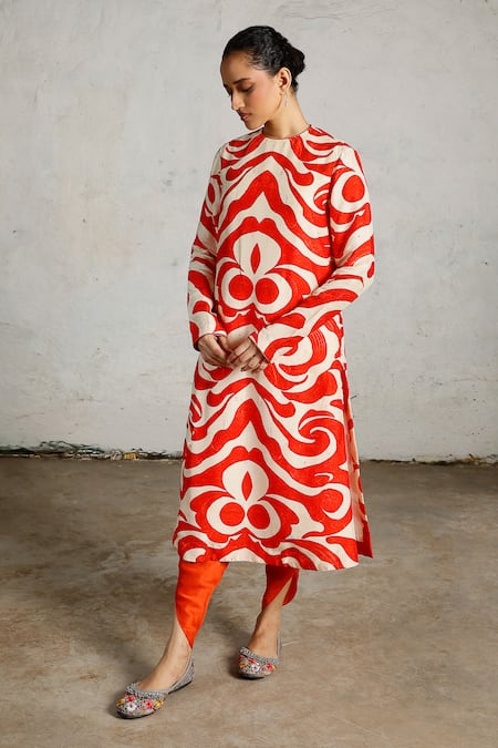 Saksham & Neharicka_Orange Viscose, Dupion Round Neck Pola Printed Kurta _Online_at_Aza_Fashions