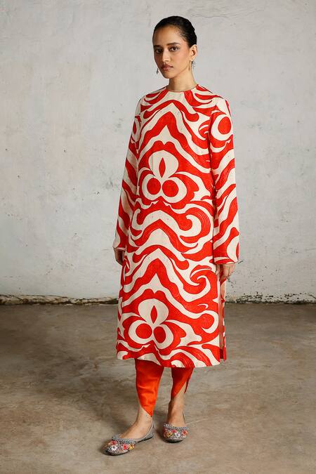 Buy_Saksham & Neharicka_Orange Viscose, Dupion Round Neck Pola Printed Kurta _Online_at_Aza_Fashions