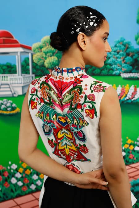 Saksham & Neharicka_Black Viscose, Dupion Embroidery High Neck Ornesha Printed And Dress _Online_at_Aza_Fashions