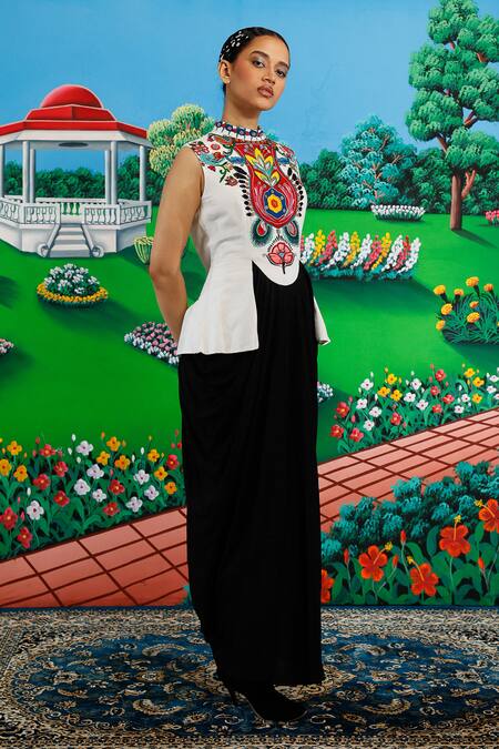 Buy_Saksham & Neharicka_Black Viscose, Dupion Embroidery High Neck Ornesha Printed And Dress _Online_at_Aza_Fashions