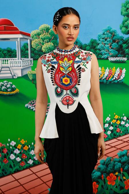 Shop_Saksham & Neharicka_Black Viscose, Dupion Embroidery High Neck Ornesha Printed And Dress _Online_at_Aza_Fashions