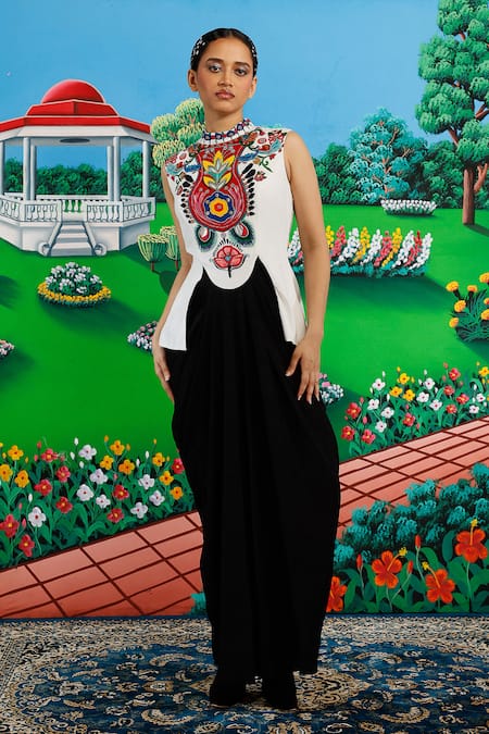 Saksham & Neharicka_Black Viscose, Dupion Embroidery High Neck Ornesha Printed And Dress _at_Aza_Fashions