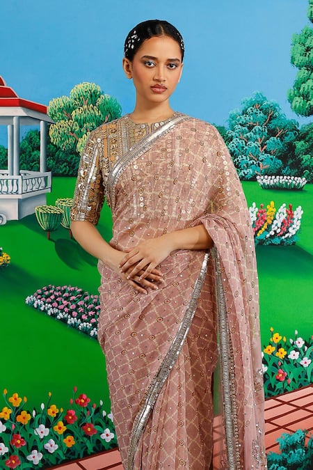 Saksham & Neharicka_Pink Chiffon Sequins, Zari, Madhulika Saree With Unstitched Blouse Piece _Online_at_Aza_Fashions