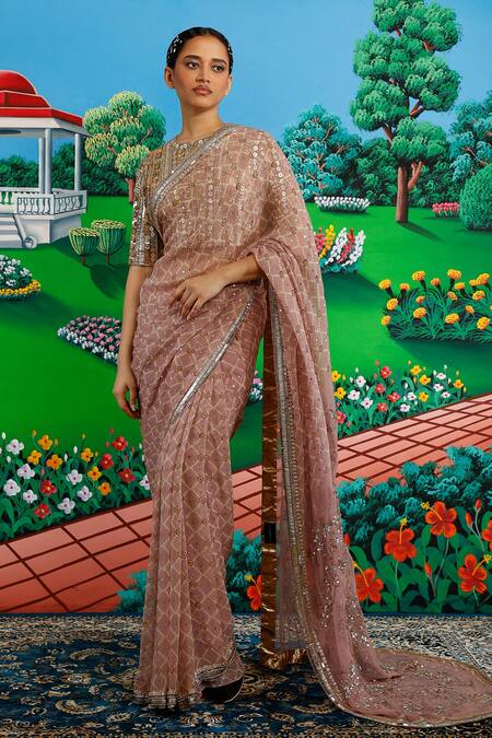 Shop_Saksham & Neharicka_Pink Chiffon Sequins, Zari, Madhulika Saree With Unstitched Blouse Piece _Online_at_Aza_Fashions