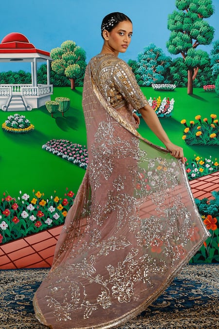 Saksham & Neharicka_Pink Chiffon Sequins, Zari, Madhulika Saree With Unstitched Blouse Piece _at_Aza_Fashions