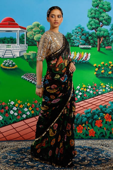 Saksham & Neharicka_Orange Chiffon Sequins, Lakshmi Printed Saree With Unstitched Blouse Piece _Online_at_Aza_Fashions