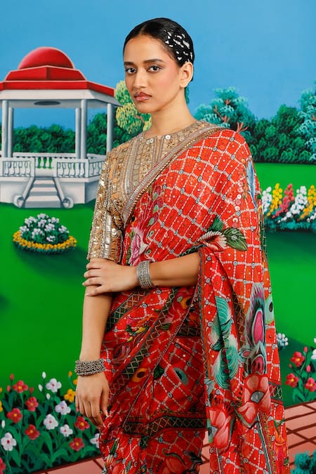 Buy_Saksham & Neharicka_Orange Chiffon Sequins, Lakshmi Printed Saree With Unstitched Blouse Piece _Online_at_Aza_Fashions