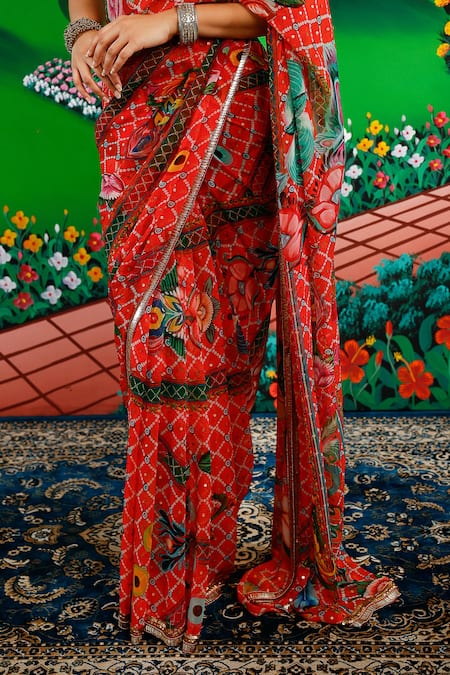 Shop_Saksham & Neharicka_Orange Chiffon Sequins, Lakshmi Printed Saree With Unstitched Blouse Piece _Online_at_Aza_Fashions