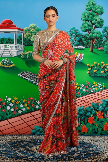 Saksham & Neharicka_Orange Chiffon Sequins, Lakshmi Printed Saree With Unstitched Blouse Piece _at_Aza_Fashions