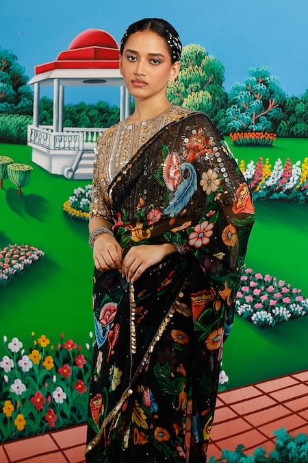 Saksham & Neharicka_Black Chiffon Embroidery, Diana Printed Saree With Unstitched Blouse Piece _Online_at_Aza_Fashions