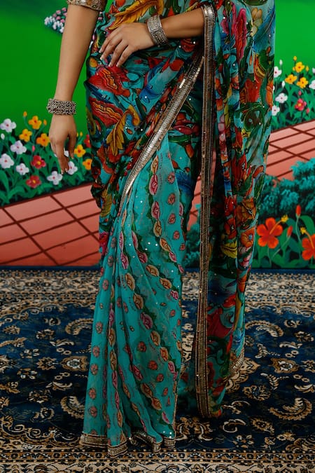 Saksham & Neharicka_Mint Chiffon Sequins, Zari Faria Printed Saree With Unstitched Blouse Piece _Online_at_Aza_Fashions