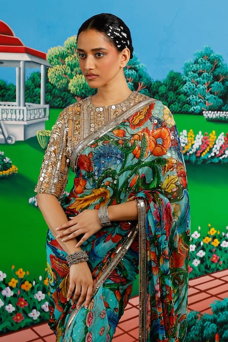 Buy_Saksham & Neharicka_Mint Chiffon Sequins, Zari Faria Printed Saree With Unstitched Blouse Piece _Online_at_Aza_Fashions