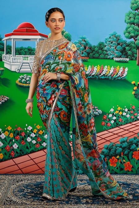 Shop_Saksham & Neharicka_Mint Chiffon Sequins, Zari Faria Printed Saree With Unstitched Blouse Piece _Online_at_Aza_Fashions