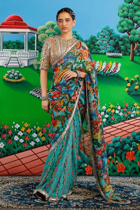 Saksham & Neharicka_Mint Chiffon Sequins, Zari Faria Printed Saree With Unstitched Blouse Piece _at_Aza_Fashions