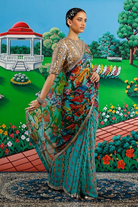 Buy_Saksham & Neharicka_Mint Chiffon Sequins, Zari Faria Printed Saree With Unstitched Blouse Piece 
