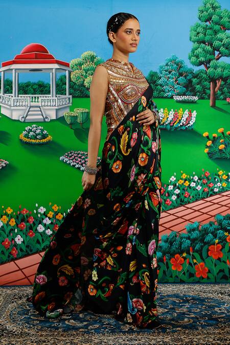 Shop_Saksham & Neharicka_Black Satin, Viscose, Agrippina Printed Saree With Unstitched Blouse Piece _Online_at_Aza_Fashions
