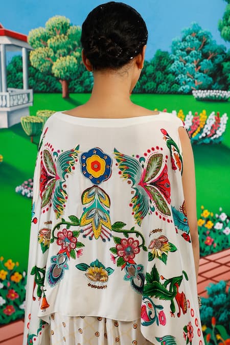 Buy_Saksham & Neharicka_White Satin Embroidery, Sequins, Mirrors Boat Claudia Printed And Top Skirt Set _Online_at_Aza_Fashions