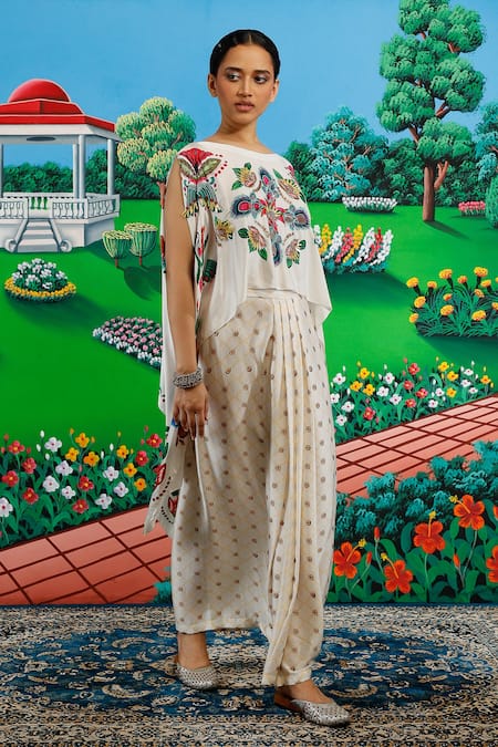 Shop_Saksham & Neharicka_White Satin Embroidery, Sequins, Mirrors Boat Claudia Printed And Top Skirt Set _Online_at_Aza_Fashions