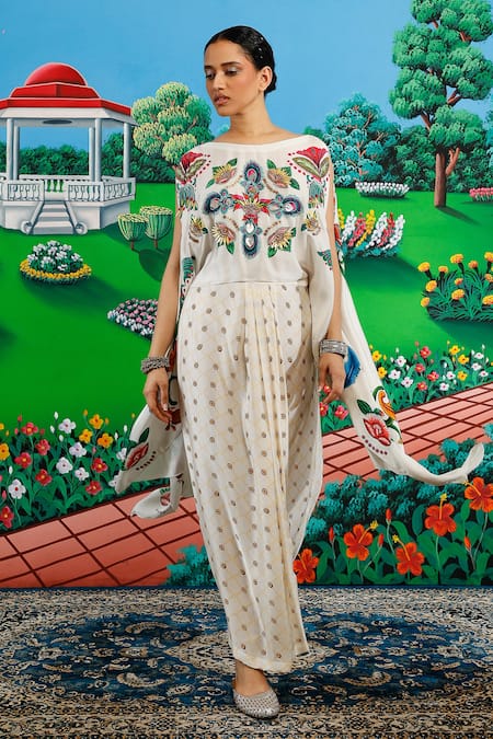 Saksham & Neharicka_White Satin Embroidery, Sequins, Mirrors Boat Claudia Printed And Top Skirt Set _at_Aza_Fashions