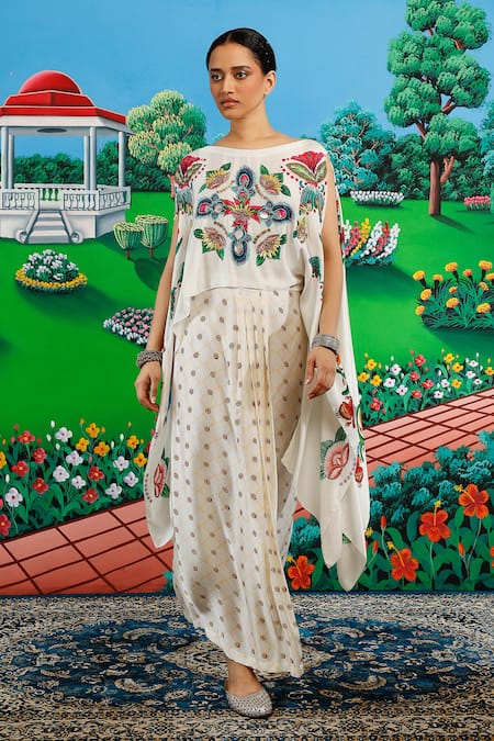 Buy_Saksham & Neharicka_White Satin Embroidery, Sequins, Mirrors Boat Claudia Printed And Top Skirt Set 