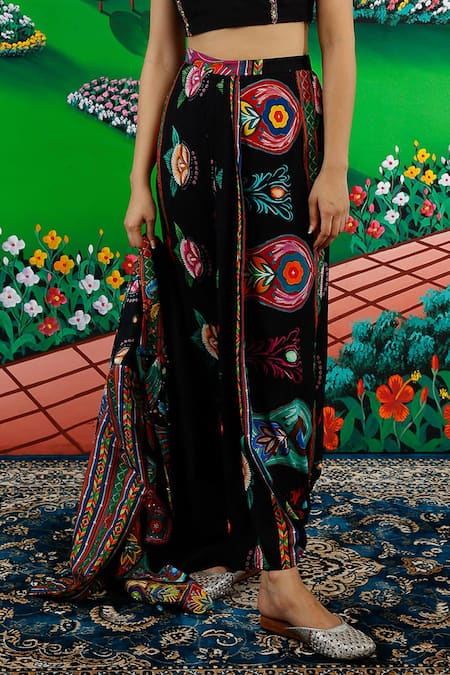 Buy_Saksham & Neharicka_Black Viscose, Dupion Embroidery V-neck Priscilla Printed And Skirt Set _Online_at_Aza_Fashions