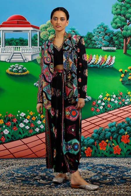 Saksham & Neharicka_Black Viscose, Dupion Embroidery V-neck Priscilla Printed And Skirt Set _at_Aza_Fashions