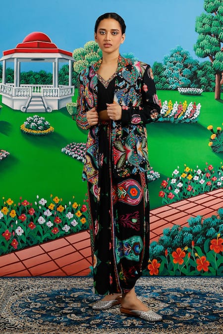 Shop_Saksham & Neharicka_Black Viscose, Dupion Embroidery V-neck Priscilla Printed And Skirt Set 