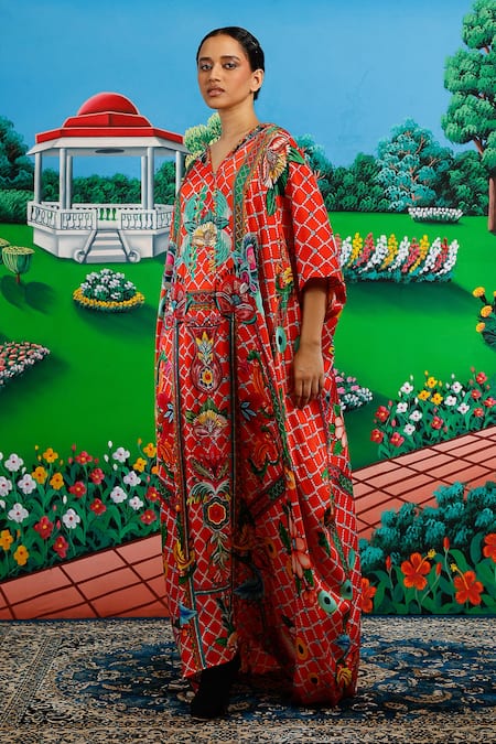 Saksham & Neharicka_Orange Satin Embroidery V-neck Padmini Printed And Kaftan _Online_at_Aza_Fashions