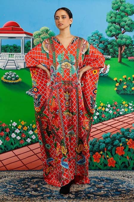 Buy_Saksham & Neharicka_Orange Satin Embroidery V-neck Padmini Printed And Kaftan _Online_at_Aza_Fashions