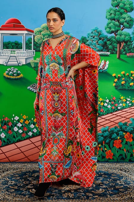 Shop_Saksham & Neharicka_Orange Satin Embroidery V-neck Padmini Printed And Kaftan _Online_at_Aza_Fashions