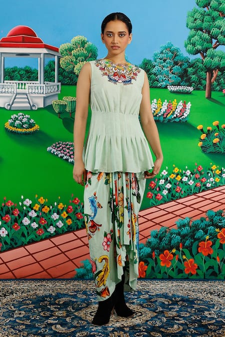 Buy_Saksham & Neharicka_Green Viscose, Dupion Embroidery Round Neck Maya Printed And Skirt Set _Online_at_Aza_Fashions