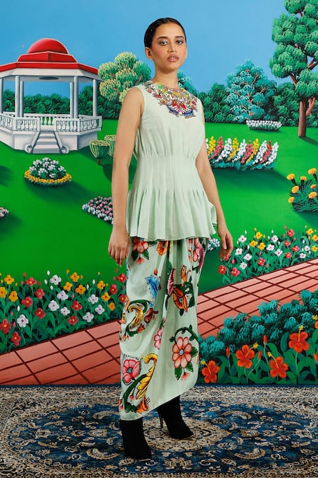 Shop_Saksham & Neharicka_Green Viscose, Dupion Embroidery Round Neck Maya Printed And Skirt Set _Online_at_Aza_Fashions