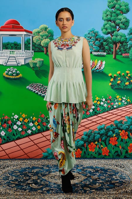 Saksham & Neharicka_Green Viscose, Dupion Embroidery Round Neck Maya Printed And Skirt Set _at_Aza_Fashions