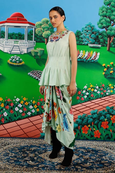 Buy_Saksham & Neharicka_Green Viscose, Dupion Embroidery Round Neck Maya Printed And Skirt Set 