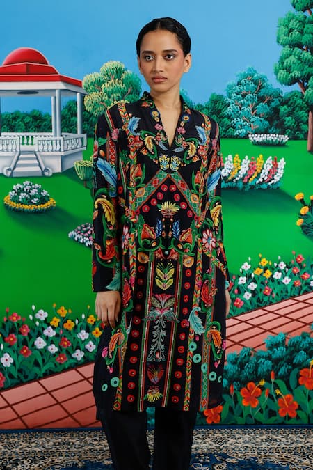 Saksham & Neharicka_Black Cotton, Silk Embroidery Split V-neck Cora Printed And Kurta Pant Set _Online_at_Aza_Fashions