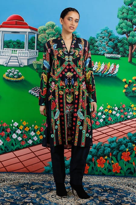 Buy_Saksham & Neharicka_Black Cotton, Silk Embroidery Split V-neck Cora Printed And Kurta Pant Set _Online_at_Aza_Fashions