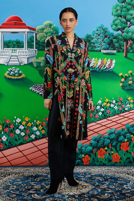 Shop_Saksham & Neharicka_Black Cotton, Silk Embroidery Split V-neck Cora Printed And Kurta Pant Set _Online_at_Aza_Fashions