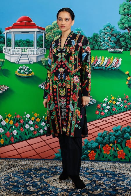 Saksham & Neharicka_Black Cotton, Silk Embroidery Split V-neck Cora Printed And Kurta Pant Set _at_Aza_Fashions