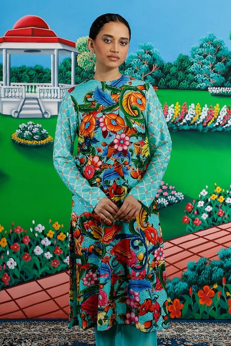 Saksham & Neharicka_Mint Viscose, Dupion Embroidery Round Neck Mitali Printed And Kurta Pant Set _Online_at_Aza_Fashions